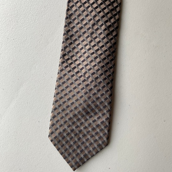 BCBG Attitude Men's Silk Tie, Brown, Gray, Black Grid Print - Picture 5 of 6